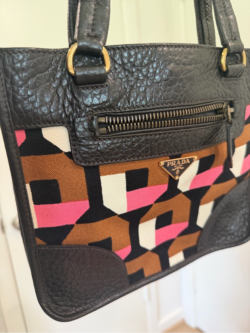 Prada Shoulder Bag with Pink, Brown & White Geometric Canvas, brown leather trim